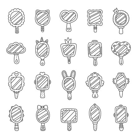 Decorative mirror set in outline line art for makeup featuring various frames and stylish handle perfect for your illustration home vanity fashion interior decoration projectsのイラスト素材