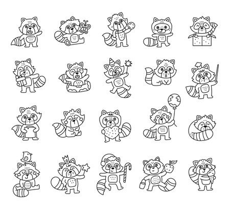 Raccoon character set in outline line art holding snowball, gifts, celebrating birthdays, studying, sharing love, and enjoying delicious treats for your creative designs projectsのイラスト素材