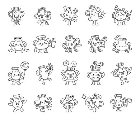 Vase character set in outline line art with various adorable poses holding book, balloon, flower, heart, and enjoying festive activities for your creative holiday projectsのイラスト素材