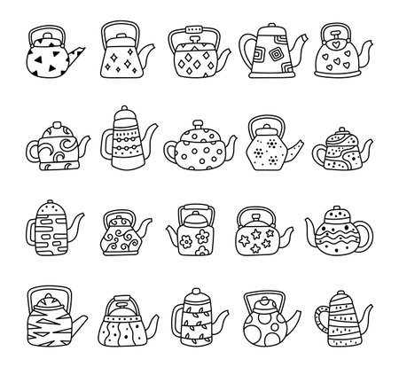 Teapot kitchenware set in outline line art with featuring different shapes brewing kettle pottery tableware perfect for your illustration and creative designs projectsのイラスト素材