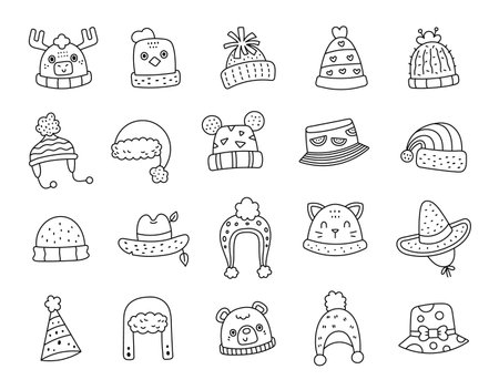Headwear set in outline line art wearing different hats for seasonal holidays, celebrations, casual outings, and cozy hand made winter fashion projects with animal themed designsのイラスト素材