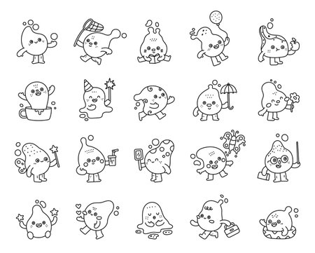 Water drop character set in outline line art showing funny emotions while different poses smiling, greeting, reading, sleeping, celebrating, swimming, teaching and workingのイラスト素材