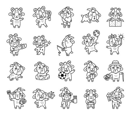 Goat character set in outline line art showing different emotions and poses while singing, sleeping, reading, cooking, painting, farming, gifting, sporting, drinking, catching butterfliesのイラスト素材
