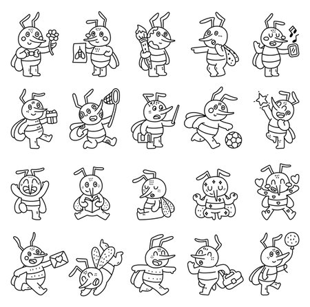 Mosquito character set in outline line art showing different emotions and poses holding flower, gift, book, pointer, balloon, briefcase, envelope, paintbrush, smartphone, butterfly netのイラスト素材