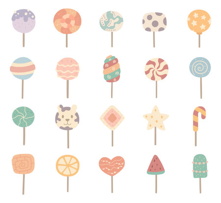 Lollipop set in scandinavian style showing different shapes tasty desserts, caramel treats and confectionery perfect for your illustration and creative designs projectsのイラスト素材