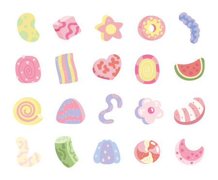 Gummy candy set in scandinavian style showing assorted chewy desserts and jelly sweets with confectionery shapes for festive decoration perfect for your illustration and designs projectsのイラスト素材