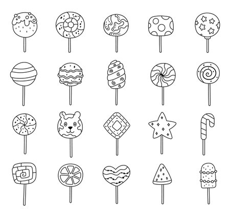 Lollipop set in outline line art showing different shapes tasty desserts, caramel treats and confectionery perfect for your illustration and creative designs projectsのイラスト素材