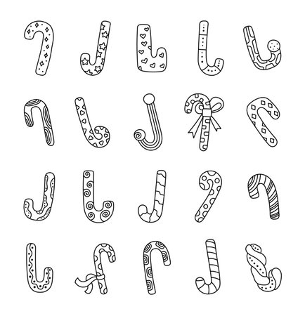 Candy cane set in outline line art christmas festive desserts for winter celebration showing traditional holiday treats and confectionery decorations perfect for your seasonal eventsのイラスト素材