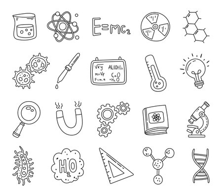 Science set in outline line art with dna, molecule, atom, microscope, formula, magnet, gear, ruler, flask, pipette, bacteria, virus, board, lightbulb, thermometer, radioactive signのイラスト素材