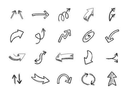 Handwritten arrow outline line art set showing various curved and twisted directions in abstract hand drawn sketch for navigation and motion design compositionのイラスト素材