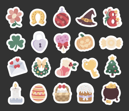 Festive attribute set in scandinavian style showing traditional christmas easter halloween and valentine decorations that celebrate joy family warmth and meaningful seasonal holiday traditionsのイラスト素材