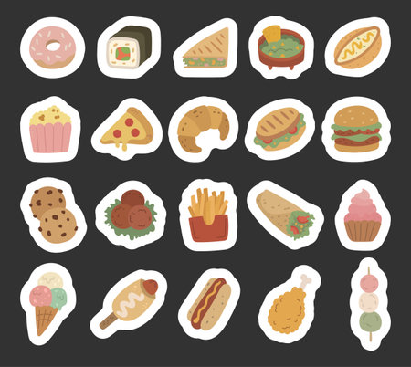 Fast food set in scandinavian style with donut, sushi, tacos, guacamole, khachapuri, popcorn, pizza, croissant, panini, hamburger, cookie, meatballs, shawarma, ice cream, dangoのイラスト素材