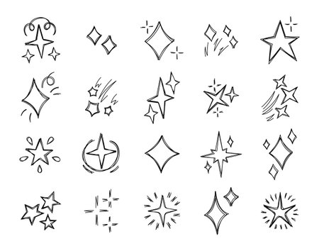 Sparkling star outline line art set showing shining twinkle elements with bright light decorative cosmic symbols for celestial illustration and magical night decorationのイラスト素材