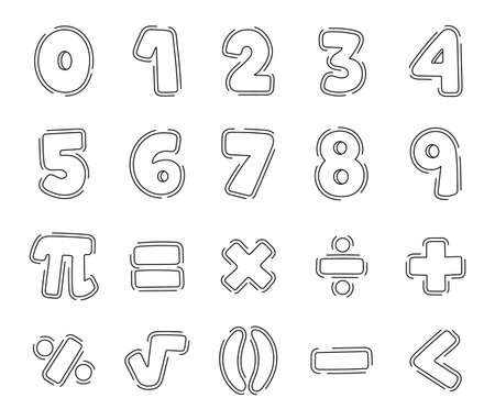 Mathematics symbol set in outline line art showing educational numbers and signs for learning arithmetic geometry school teaching science, perfect for your creative knowledge projectsのイラスト素材