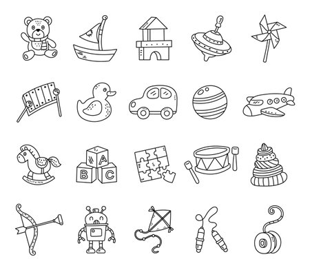 Children toy set in outline line art showing various handmade wooden playthings musical instruments and educational objects for preschool learning development and play activities for kidsのイラスト素材
