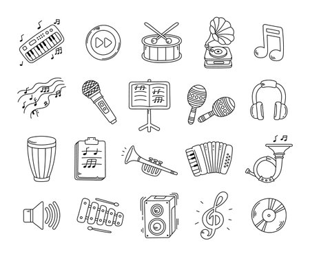 Music set in outline line art instrument and sound equipment showing various percussion brass and recording items for creative musical education design and performance projectsのイラスト素材