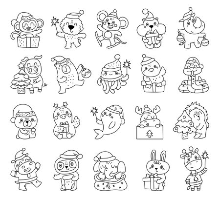 Christmas animal character set in outline line art showing cute emotions and poses with festive accessories perfect for winter celebration decoration holiday projects and cheerful designsのイラスト素材