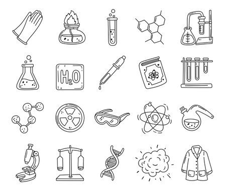 Chemistry set in outline line art laboratory tools and science equipment for studying reactions molecules dna safety research and education perfect for your designs projectsのイラスト素材