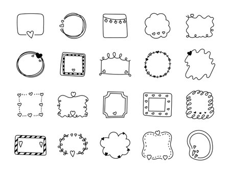 Doodle frame heart valentine love set showing romantic outlines for decoration borders handmade contour sketches creative shapes and charming symbols for greeting projectsのイラスト素材