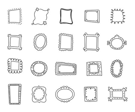 Curve doodle frame outline set for decorative design element showing different handmade borders shapes contours sketches and art objects for your creative projectsのイラスト素材