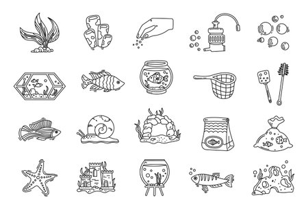 Aquarium set in outline line art for creating underwater scenes with various marine items and elements perfect for enhancing illustration projects through charming aquatic designsのイラスト素材