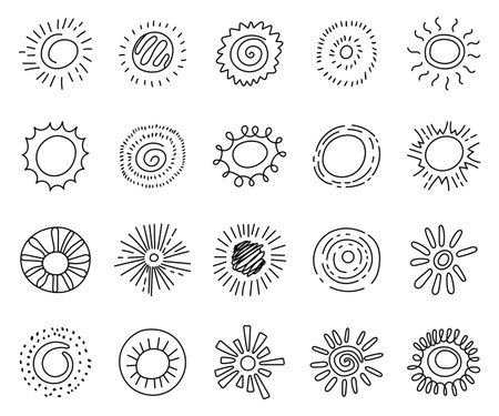 Sun doodle shapes set illustrating hand drawn circular symbols with varied rays forms for warm abstract decorative design projects elementsのイラスト素材