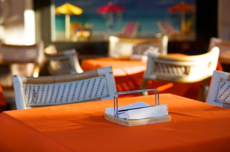 Empty table in open-air cafe. Selective focusの写真素材