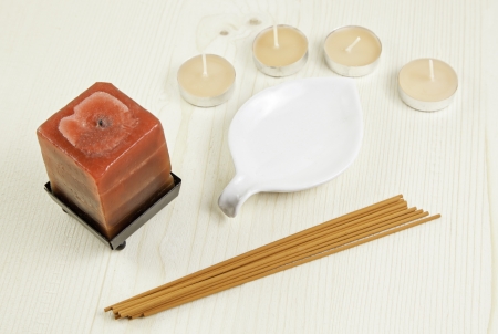 Scented candles and incense sticks, detail of zen relaxation, aromatherapyの写真素材