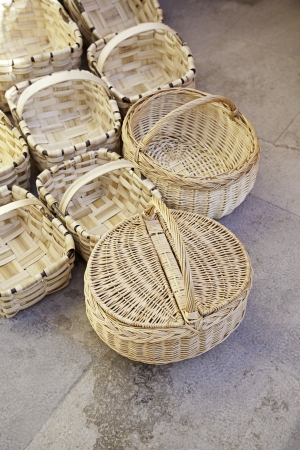 Wicker baskets, detail of objects made with wicker craft tools transportの写真素材