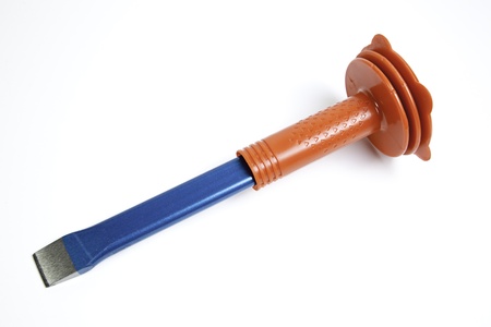 Metal chisel with protection, detail construction tool, isolated object over white background
