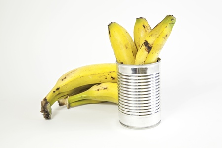 Bananas and canned fruit detail preserved in a can, food healthy, dietの写真素材