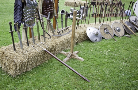 Medieval military weapons, detail of some ancient weapons of war, pain and bloodの写真素材