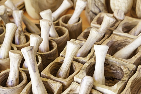 Wooden mortars, detail of a wooden kitchen tools, craftsの写真素材