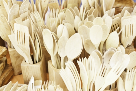 Wooden cutlery, detail of utensils made of wood, traditional craftsの写真素材