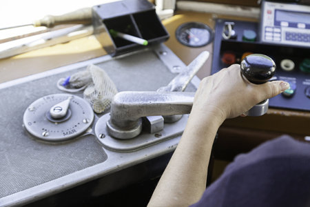Driver tram in Lisbon, detail of a person wearing an old tram travelers in Portugalの写真素材