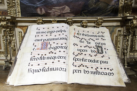 Old music book in a church, detail of a work of ancient artのeditorial素材