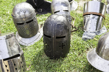 Old medieval helmets, detail of a protective metal skeletons, ancient objectの写真素材