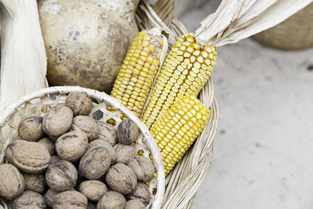 Nuts and dried corn, detail some nuts in a market, food dietの写真素材