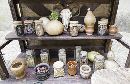 Objects for spells and witchcraft, detail of a table for witchcraftの写真素材