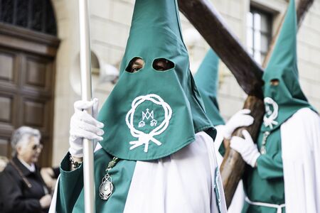 LOGROÑO, LA RIOJA, SPAIN - APRIL 15: Holy Week, religious tradition procession with people in...