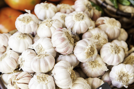 Garlic in a market, detail of some fresh garlic, healthy foodの写真素材