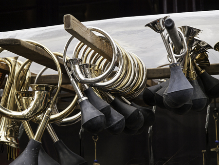 Antique horns, detail of some musical instrumentsの写真素材