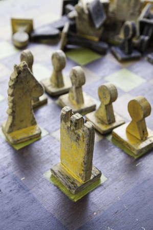 Pieces wooden chess, detail of some old wooden pieces, game of witの写真素材