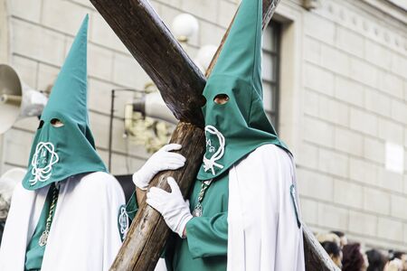 LOGROÑO, LA RIOJA, SPAIN - APRIL 15: Holy Week, religious tradition procession with people in typical costumes, on April 15, 2017 in Logroño, La Rioja, Spainのeditorial素材