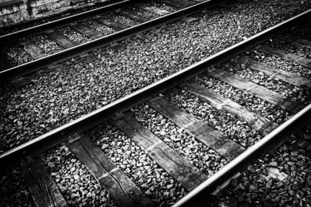 Railroads, detail of a metal vias of train, transportationの写真素材