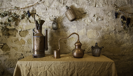 Ancient bronze still, detail of ancient tool for distilling alcohol
