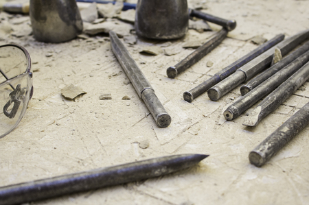 Old tools for carving stone of handmade way, detail of old manual craftの写真素材