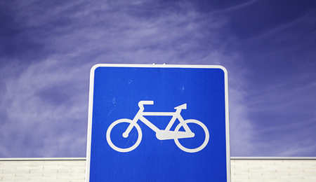 Traffic sign for bicycles and cyclists, detail of caution signal and informationの写真素材