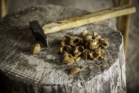 Closeup of almond shells and a hammer, detail of healthy, traditional foodの写真素材