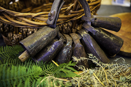 Old rusty cowbells for cows, object detail for cattleの写真素材